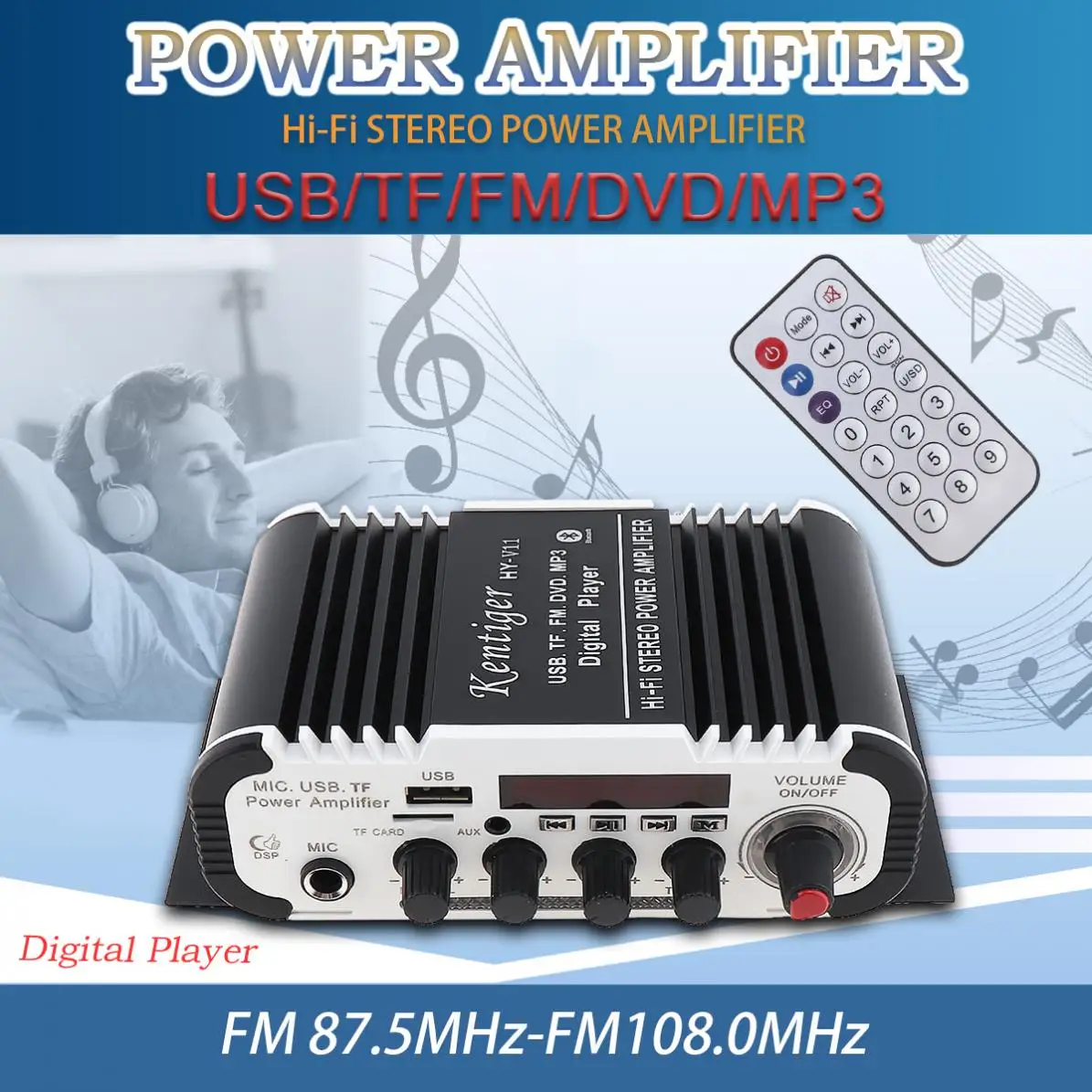 

V11 2CH Universal Bluetooth Car Audio Power Amplifier DC12V5A Auto FM Radio Player Support SD/USB/DVD/MP3 Input