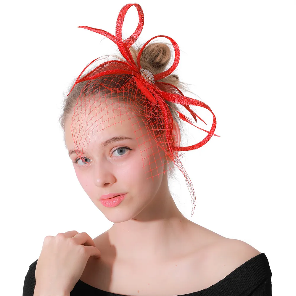 

Red Fashion Chic Mesh Bride Headdress For Formal Church Wedding Fascinators Hair Accessories Cocktail Race Headwear Ladies Hat