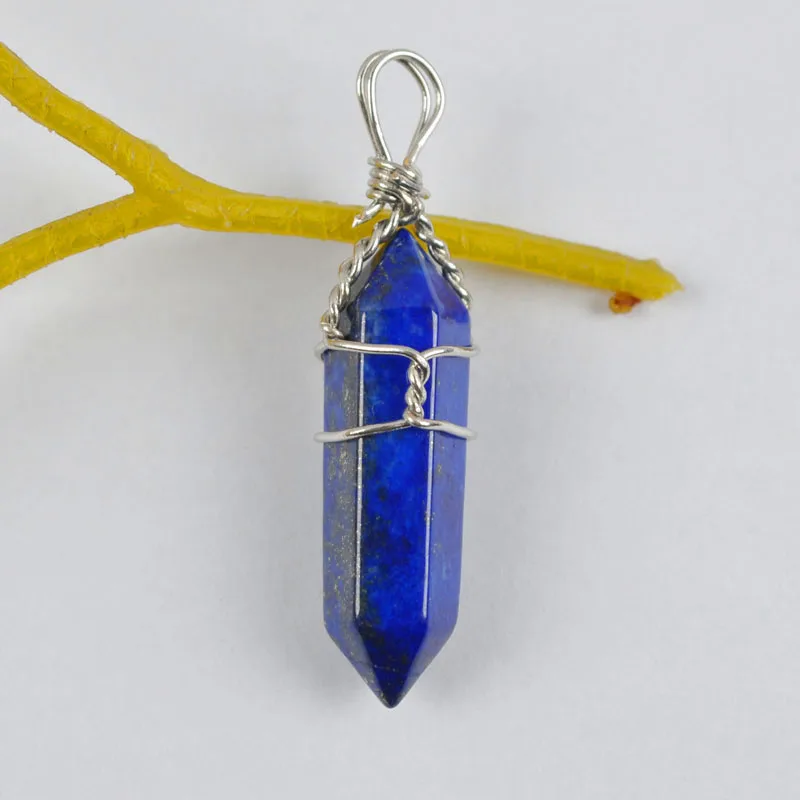 Natural Lapis Lazuli Lucky Point GEM Pendant Wire Wrapping Jewelry S1232