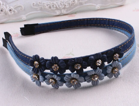 2019 New Five Flowers Jean Hairband Handmade Denim Pearls Rhinestone Headband Girls Women Barrette Hair Accessories