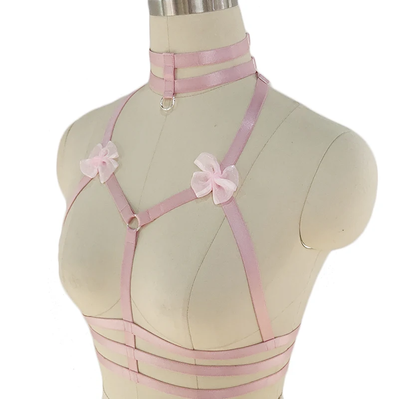 Original Design Pink Collar Bow Harness Bra Kawaii Open Chest Bondage Body Cage Pastel Gothic Body Harness Belt