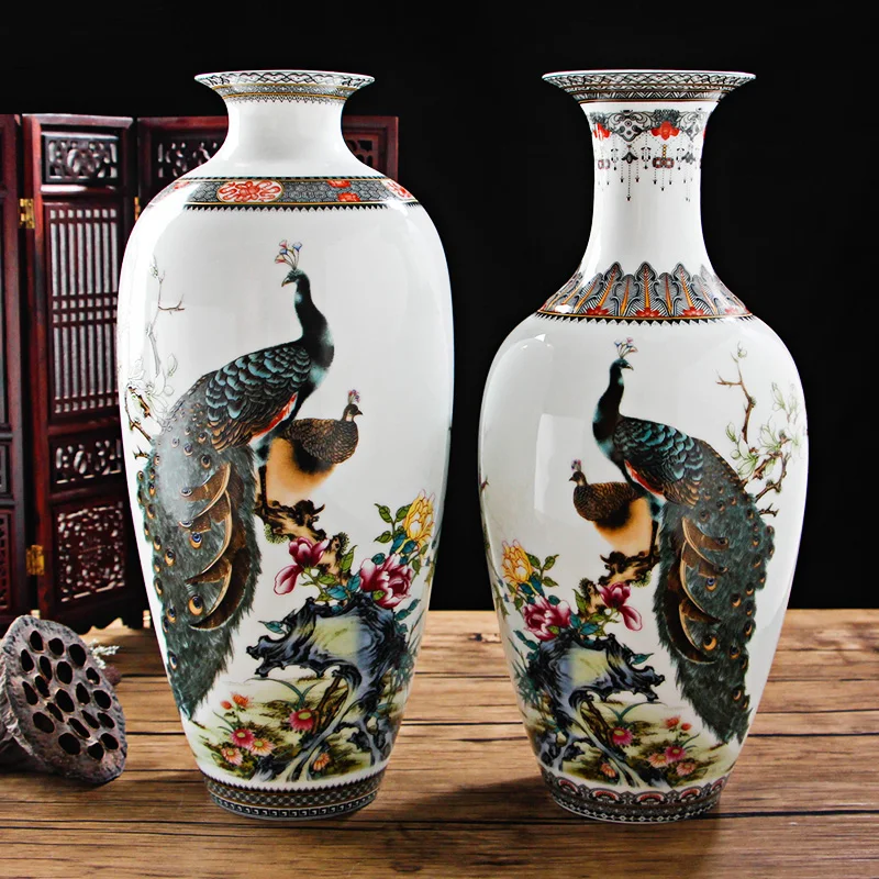 Jingdezhen Antique Peacock Vase Chinese Vases With Squirrel Crane Pattern Home Decoration Furnishing Articles