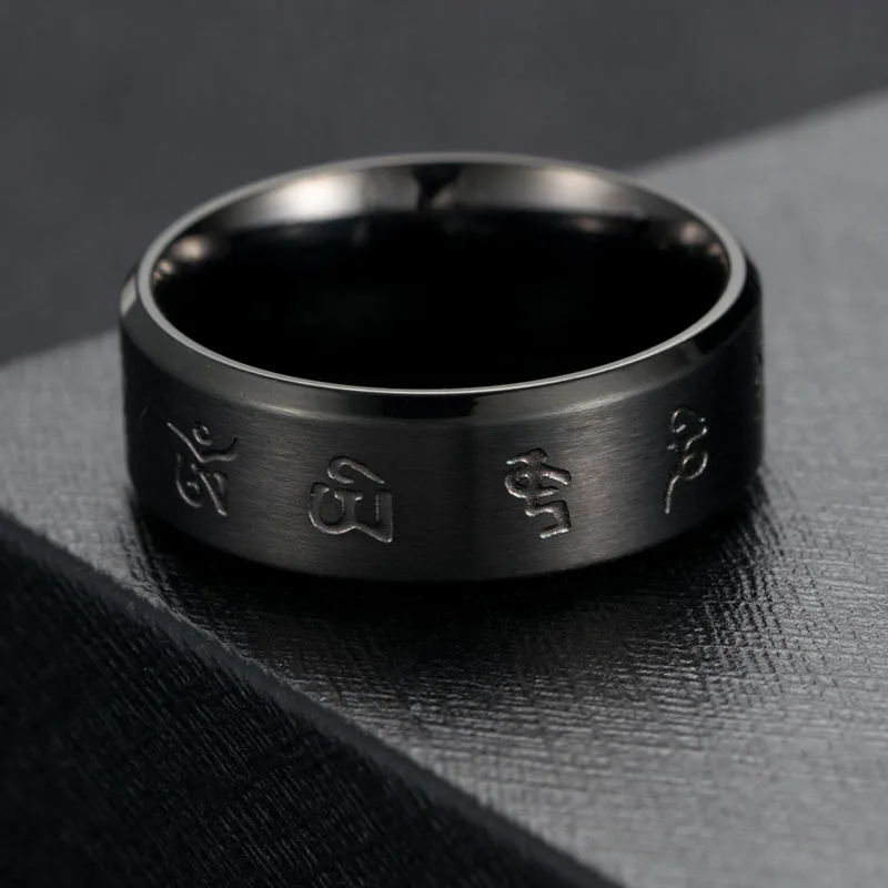 Tibetan Buddhism Black Good Luck Mantra Men\'s Ring Matte Stainless Steel Male Ring Mysterious Religious Buddhist Jewelry