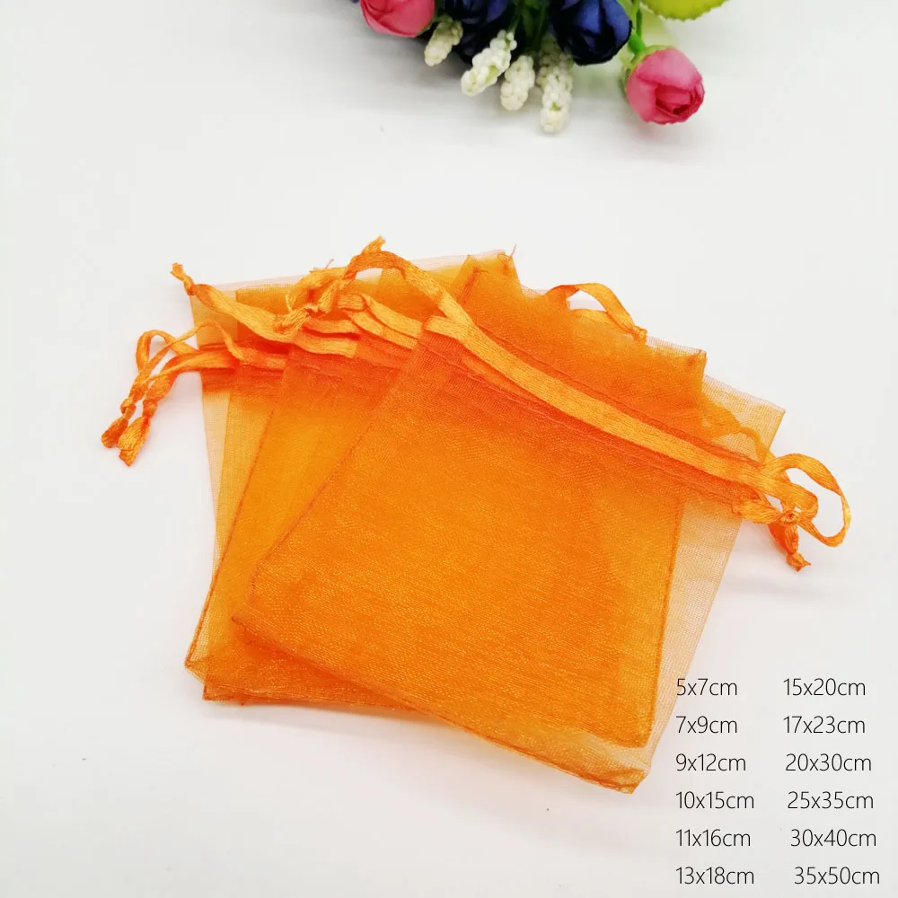 1000pcs Designer Orange Organza Drawstring Bags Gift Pouch Wedding Party Favors Christmas Sachet Packaging Displays Wholesale