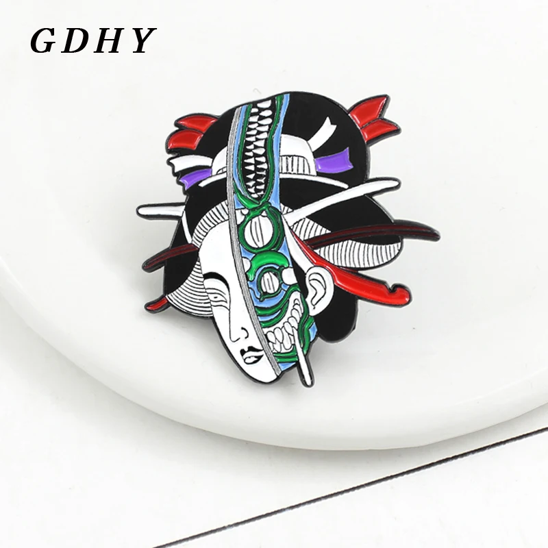 GDHY Fashion Japanese Geisha Wear Masks Brooch Japan Skeleton mask Horror Demon woman Enamel pins For Woman Jewelry Gifts Spille