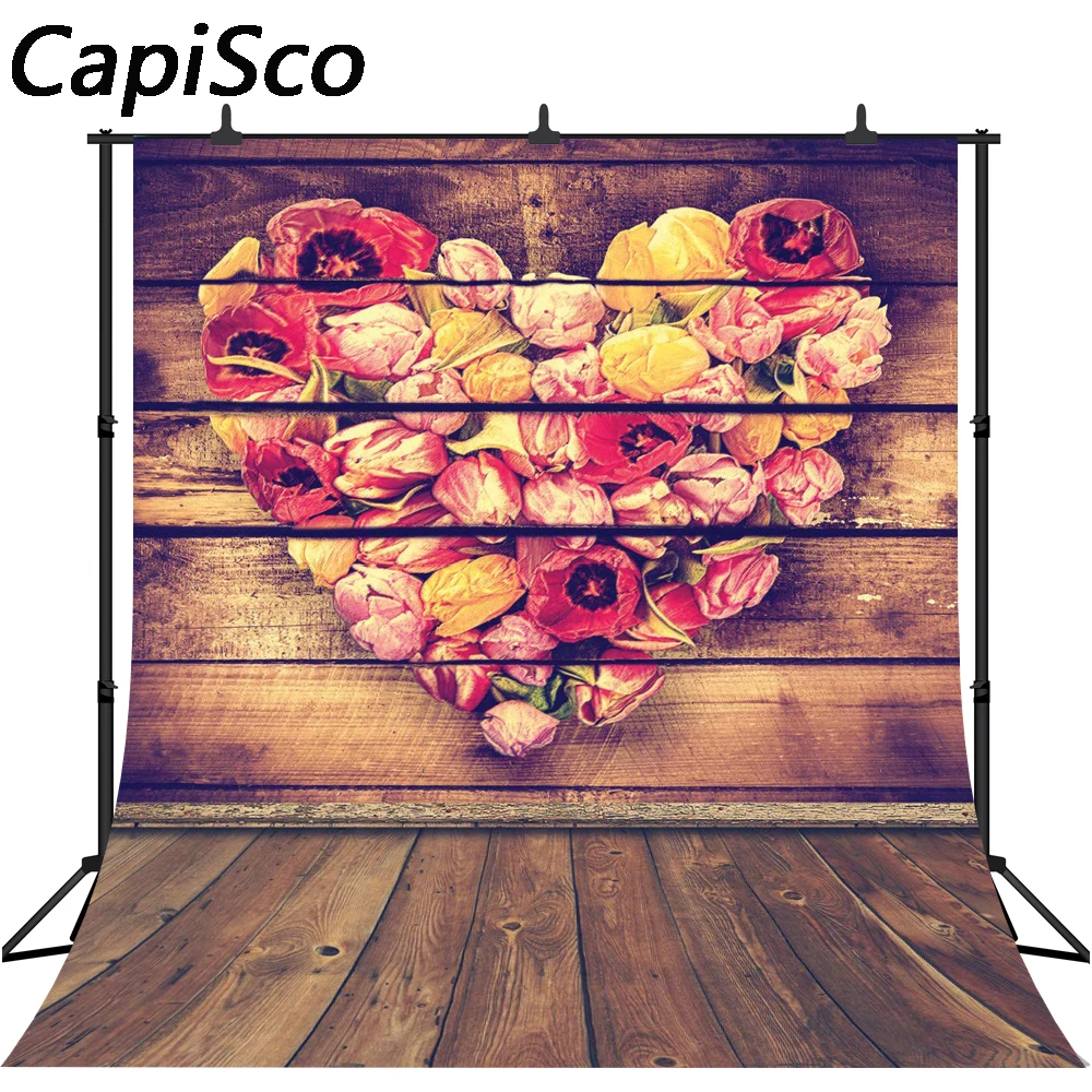 Capisco Love flowers Heart Valentine's Day Wood floor Poster Party Photography Background Photo Backdrop Photocall Photo Studio