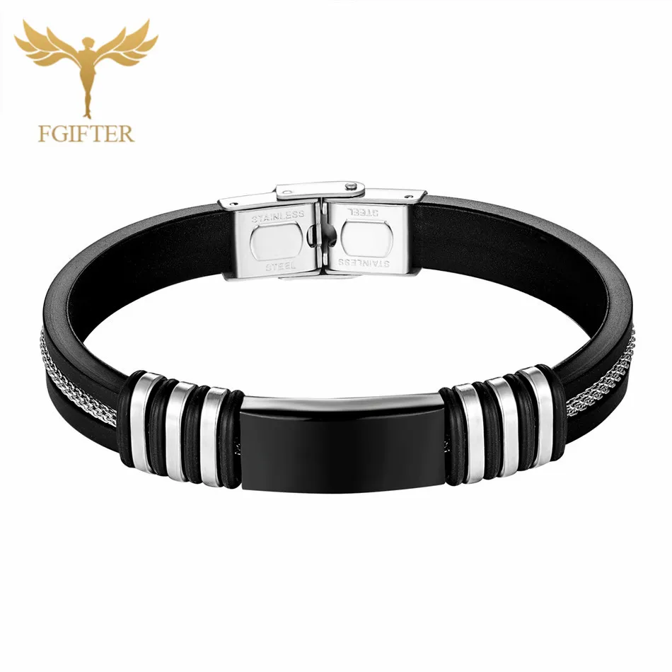 Black Rubber Silicone Bracelets Minimalist Women Hand Jewelry Wristband Men Stainless Steel Cuff Bangle 17cm 19cm 21cm Length