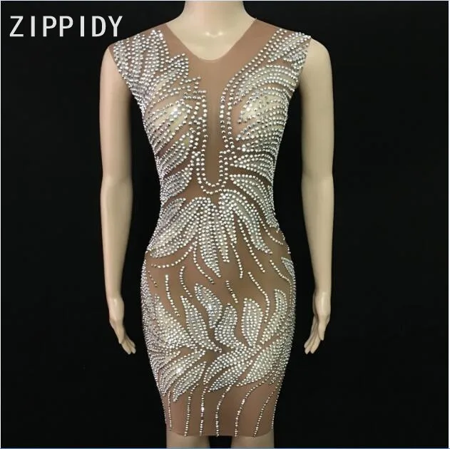 Sparkly Silver Stones Sleeveless Mesh Dress Women Diamonds Outfit Dress Nightclub Dancer Wear Women's Birthday Party Sexy Dress