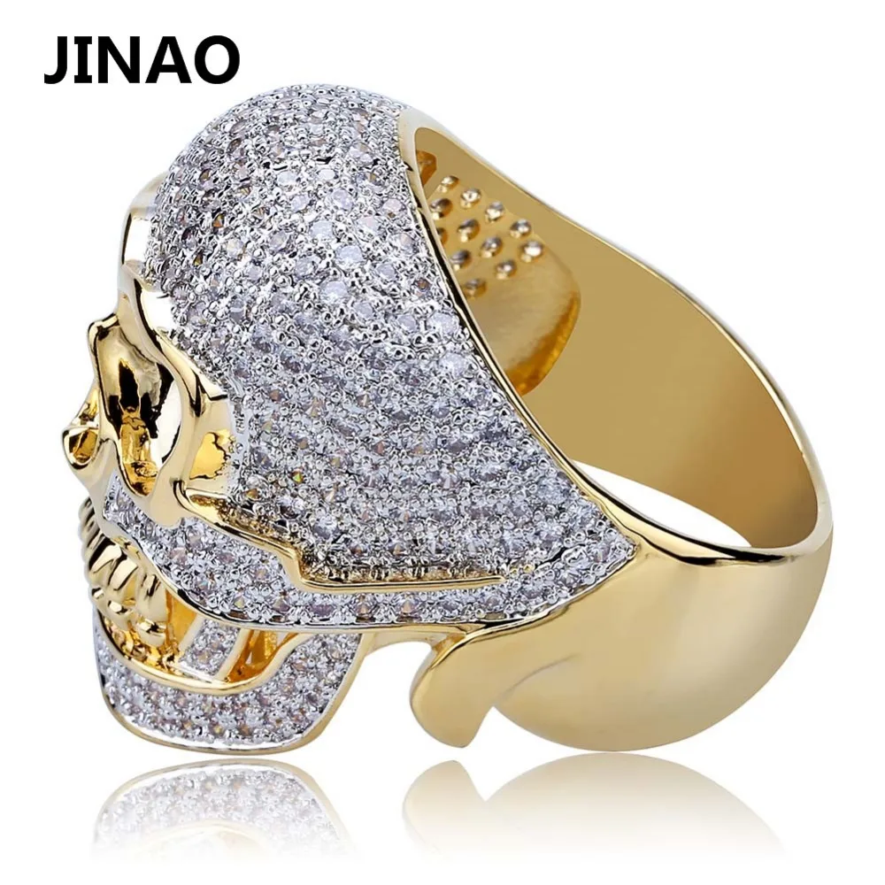 JINAO Hip Hop Copper Two Tone Skull Ring Iced Out Micro Paved Cubic Zircon Punk Fahion Ring for Men Women with 7,8,9,10,11 Size