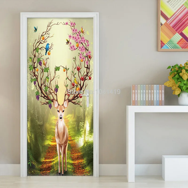 

3D Mural Modern Forest Animal Door Sticker Living Room Bedroom Home Decor Photo Wallpaper PVC Self-Adhesive Wall Sticker Poster