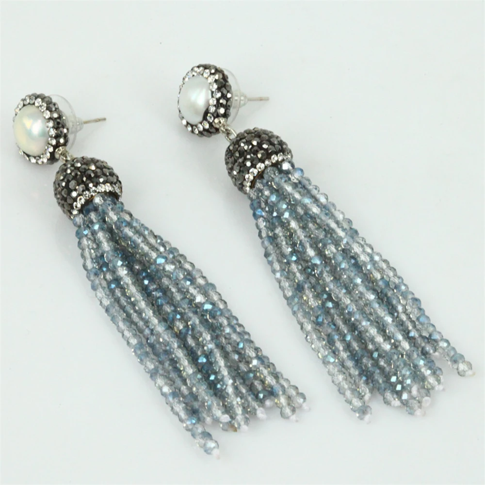 Handmade Jewelry Charms Bohemian Freshwater Pearl  Transparent Light Blue Glass Bead Tassel Drop Long Dangle Earring For Women