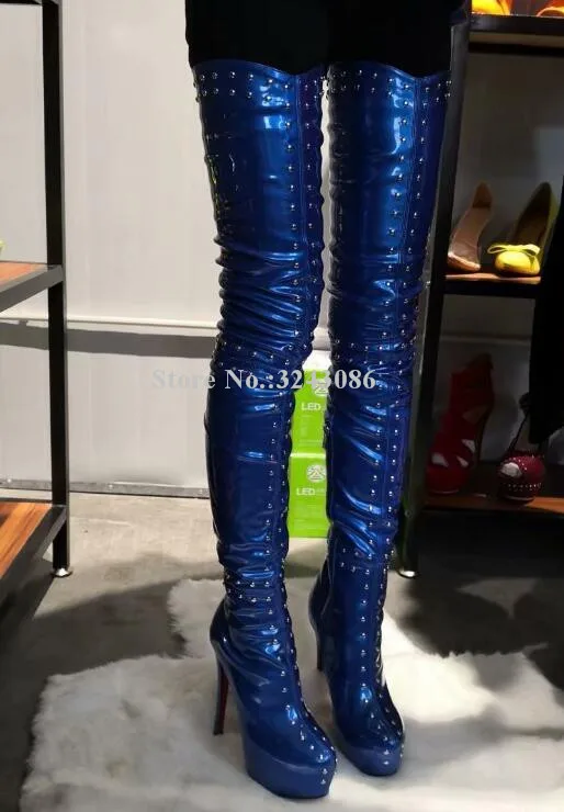 

Sexy Blue Rivets Platform Women Long Boots Fashion Thin Heels Thigh High Boots Lady New Over the Knee Motorcycle Boots