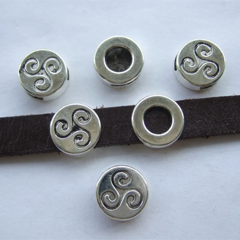 10pcs Antique  10mm Triskele Triskelion Triple Spiral Slider Spacers For 10x2mm Flat Leather Cord Jewelry Fittings