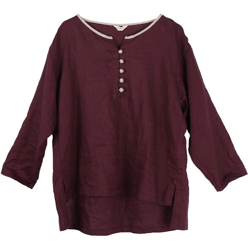 LZJN Vintage Vrouwen Blouses Lange Mouwen Tuniek Tops 2019 Herfst Shirts Trui O-hals Chinese Kleding Paars Linnen Hoge Lage Top