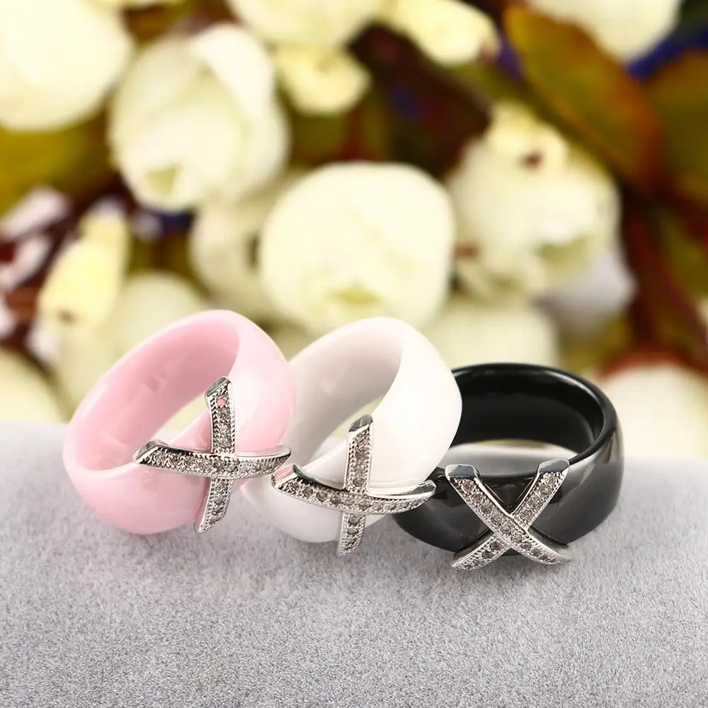 Fashion Jewelry Women Ceramic Rings 8mm X Cross With AAA Crystal For Women Elegant Simple Design Wedding Party Accessories Gifts