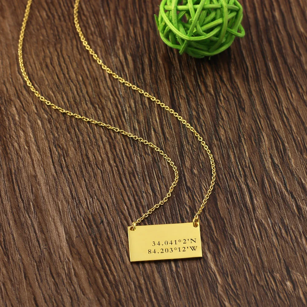 Customized Coordinate Necklace Memorial Longitude and Latitude Engraved Necklace Golden Rectangle Charm Necklace