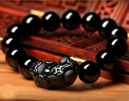 Healing Crystals Obsidian Bracelets Feng Shui Black Tourmaline lemurian quartz crystals Bead Diameter 14mm * 13 with a pixiu