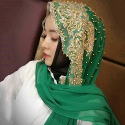 Hijab Sciarpa islamica musulmana Sciarpe per donna Sciarpa lunga Moslima Copricapo con perline Chiffon Preghiera Turbante