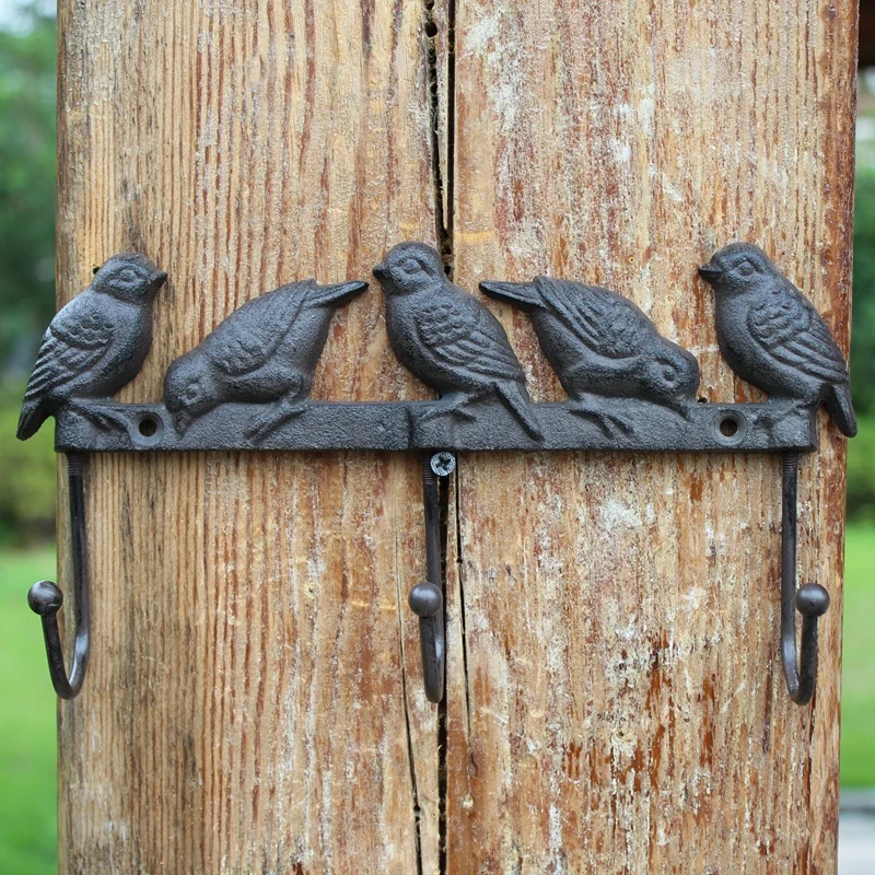 

European Country Style 5 Birds Design Black Cast Iron Wall Hooks With 3 Hanger Farm House Accents Handmade Metal Animal Racks