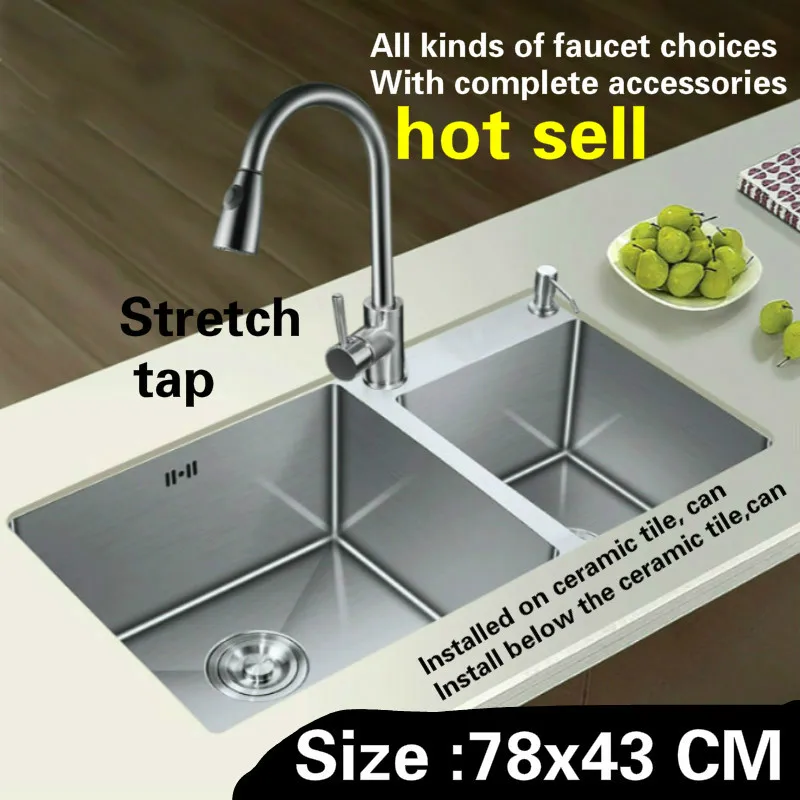 Free shipping hand made of 304 stainless steel kitchen sink stretch tap thickening double groove durable hot sell   780x430 MM