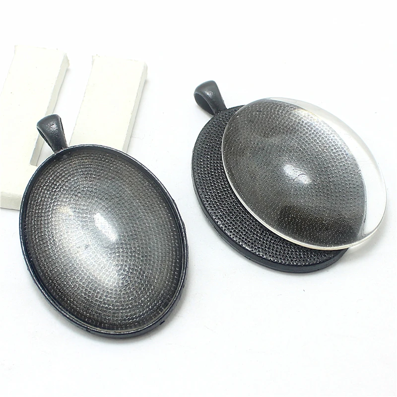 Sweet Bell (5 set/lot) black Oval 30*50mm(Fit 30*40mm dia) Cabochon Pendant Settings + Clear Glass Cabochons