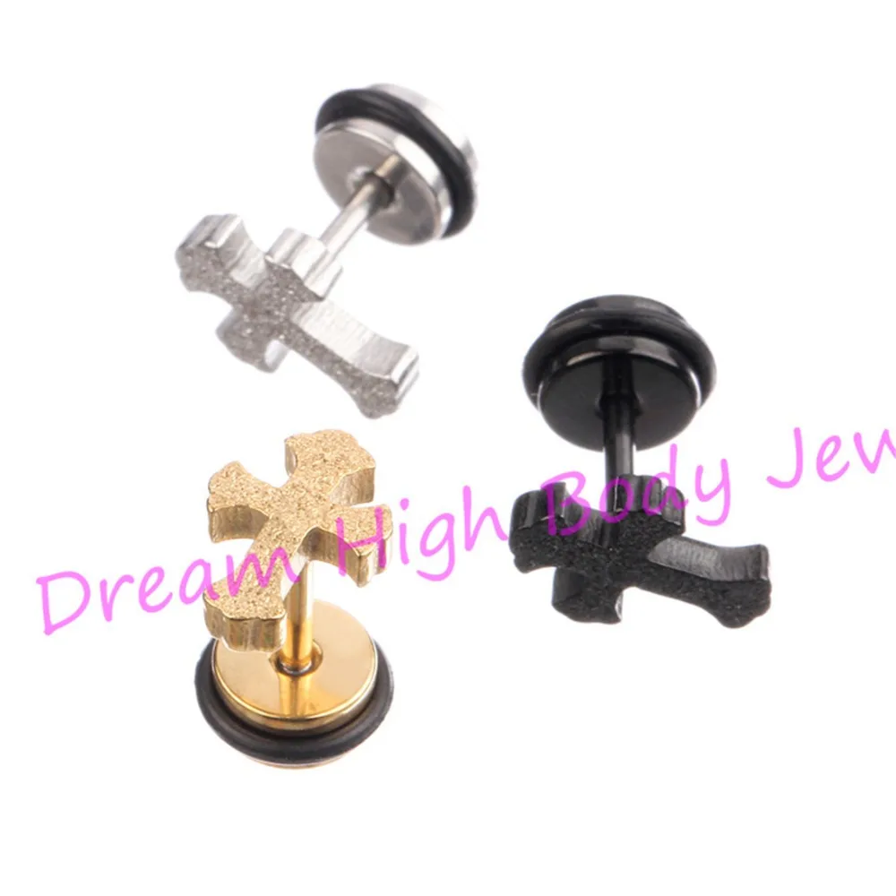 Newest style Cross Earring Ear Stud Nail Barbell dull polish Gold Color Black 316L Stainless Steel frosted Fashion Jewelry