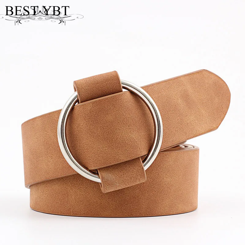 Best YBT Women leather belt Newest Round buckle belts female leisure jeans wild without pin metal buckle Women strap belt