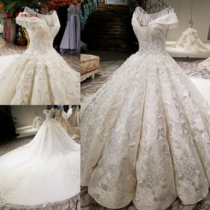 

Custom Made Ball Gown V Neck Long Tail Lace Flower Wedding Dresses vestido de noiva Bridal Gown 2021 New Real Photo WD17