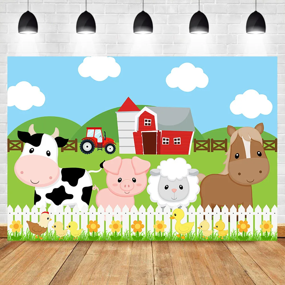 Mocsicka Farm Theme Photography Backdrops Red Barn Barnyard Tractor Animals Photo Background Kids Birthday Party Backdrop