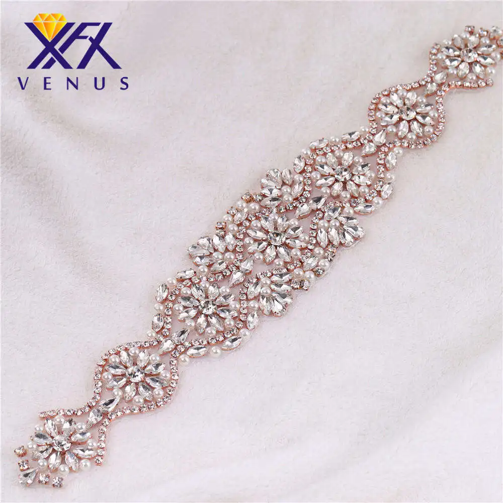 XINFANGXIU Handmade ivory pearls rose gold strass crystal rhinestone applique patch hot fix for wedding dresses bride sash belt