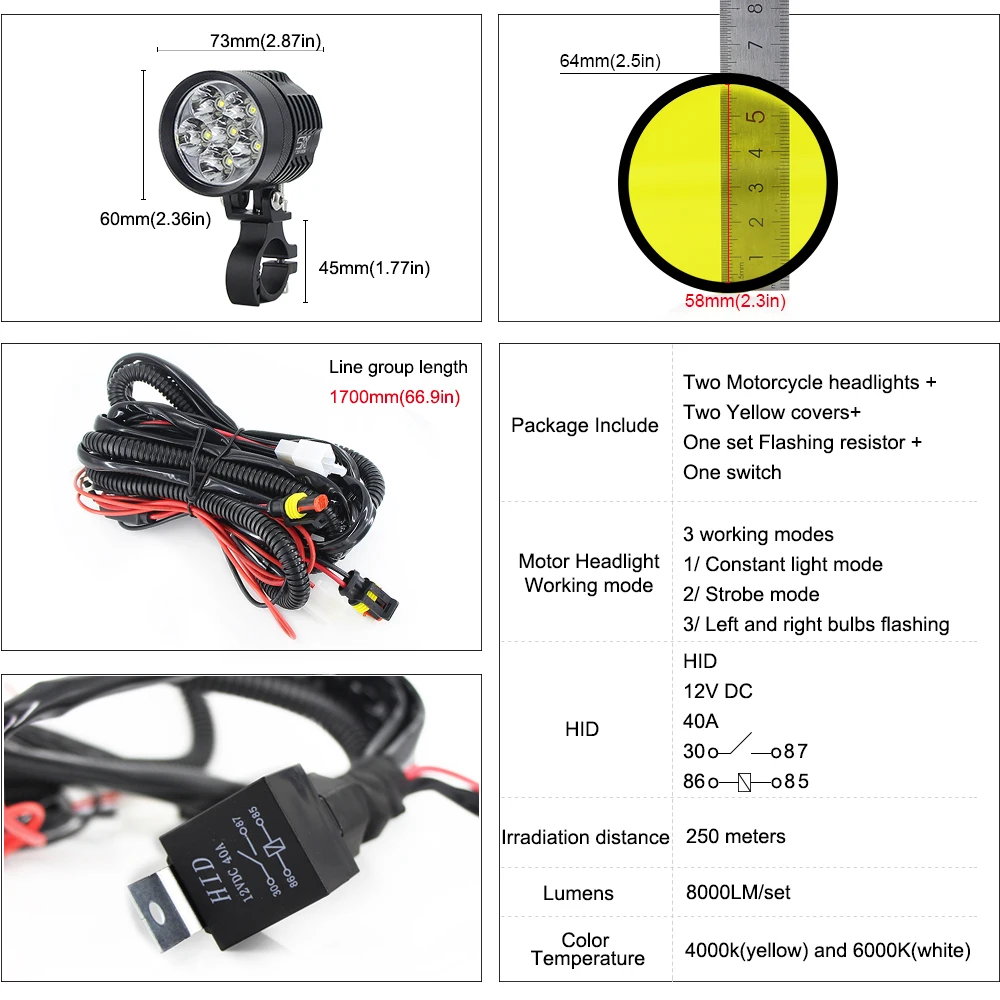 Double Colors led strobe motorcycle headlight Fog DRL lamp car Universal Motorbike ATV bulb High Brightness Yellow white 12V