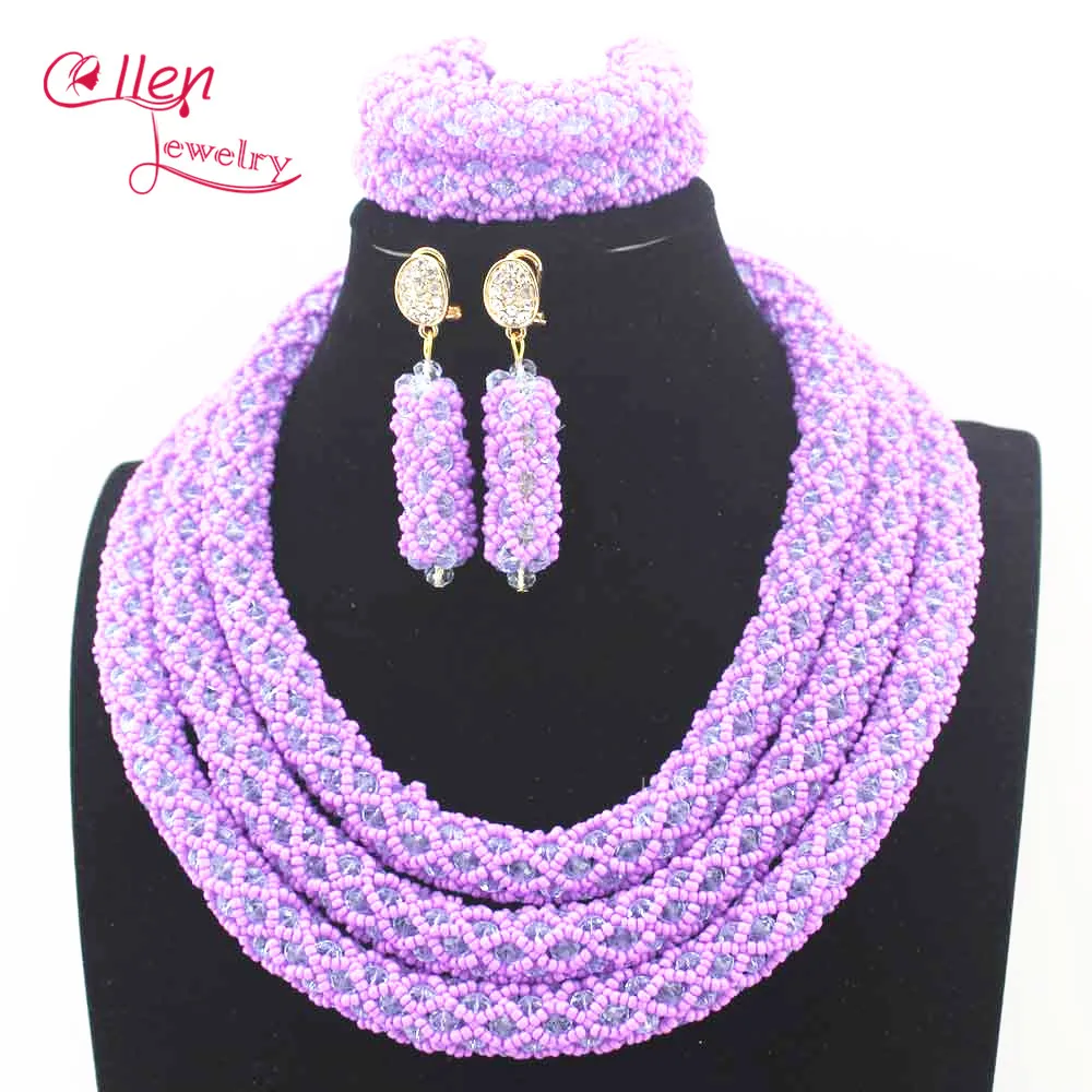 Champagne Nigerian Wedding African Beads Jewelry Set Handmade Dubai Bridal costume jewelry Necklace Bracelet Earrings N0002