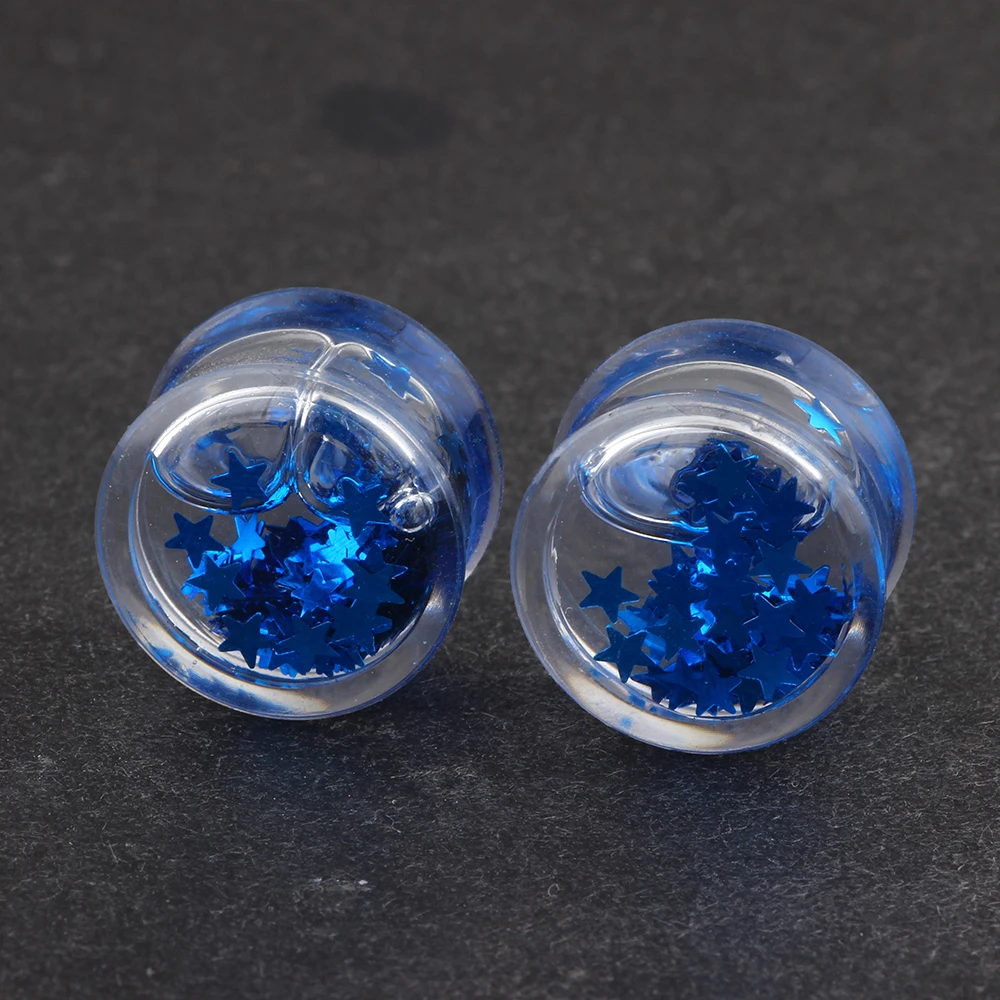 JUNLOWPY 2pcs Acrylic Liquid Blood Glitter Ear Tunnels Plugs Double Flared Ear Stretcher Saddle Plugs Gauge Piercing Body Kit