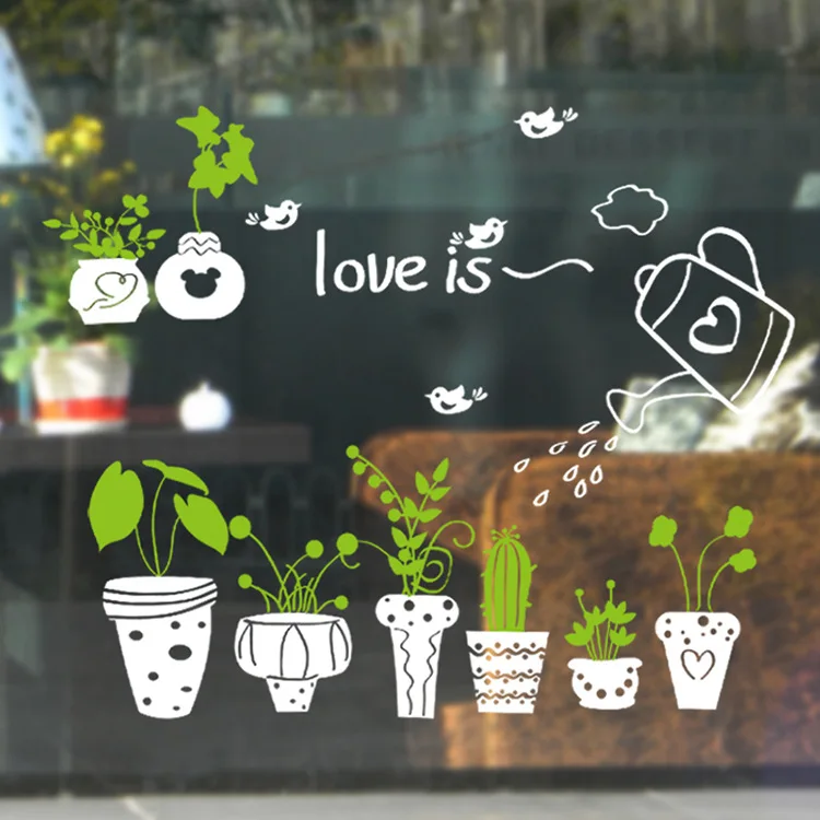 

Pure and fresh White pot Flowers and birds Window Wall stickers for bedroom sitting room balcony Decorative PVC wall sticker