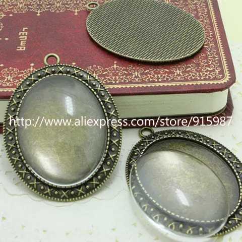 Sweet Bell wholesale  (5 set/lot) Antique Bronze Oval 30*40mm Cabochon Pendant Settings + Clear Glass Cabochons