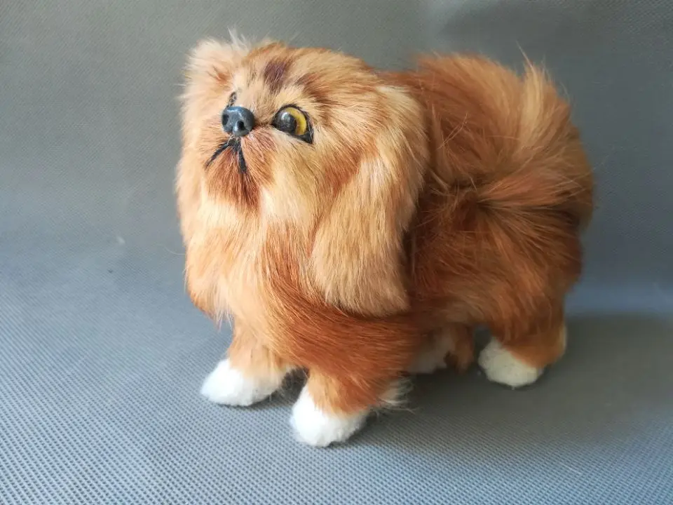 simulation dog plastic& furry furs brown pekingese model about 16x14cm, home decoration toy gift w1871