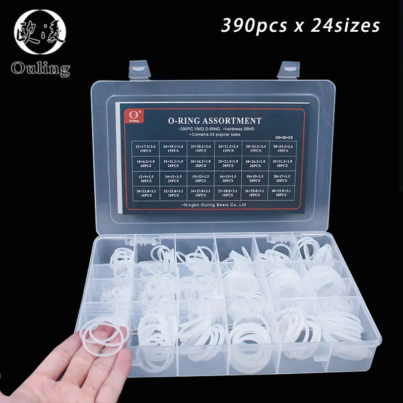 

390pcs White Silicon O-Rings Rubber 24Sizes O-ring Set Gasket O Ring Silicone Seal Assortment Box Kit Good elasticity Ring