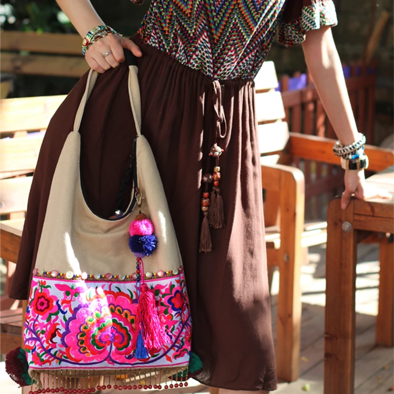 New Beige Women Bag Double sided embroidered canvas bags  Handmade tassel shoulder bags Ethnic bags