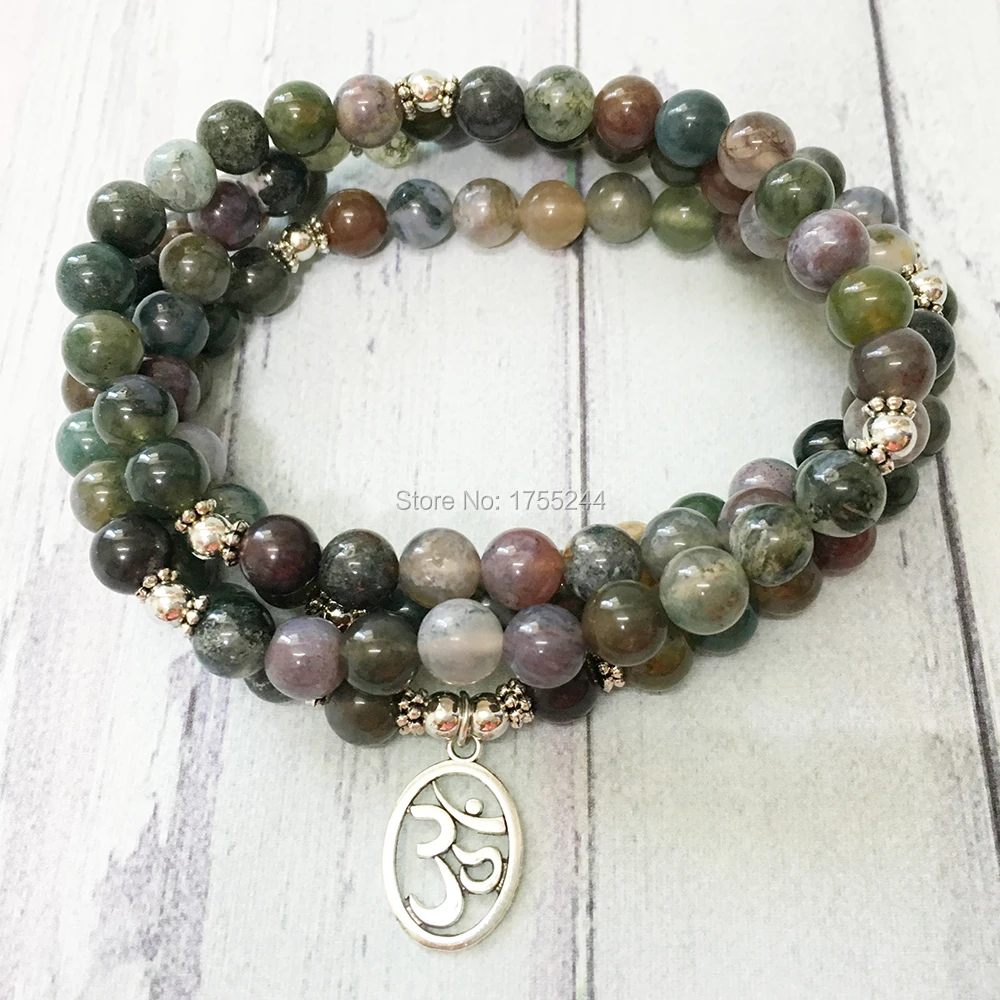 MG0478 Natural Fancy Beads 108 Mala Bracelet Indian Agate Handmade Womens Bracelet Ohm Charm Yoga Balance Necklace