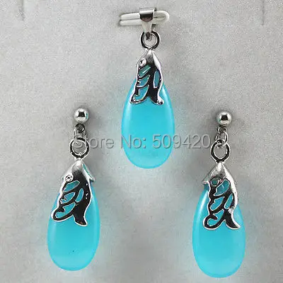 Free p&p Wholesale  lovely green/blue/purple/yellow/red stone new pendant earring set