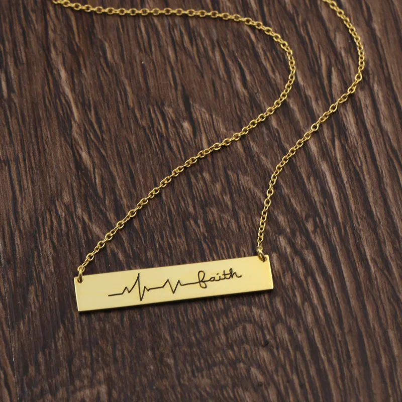 Golden Personalized Heartbeat Charm Necklace Horizontal Cutomized Signature Pendent Necklace Memorial Gift