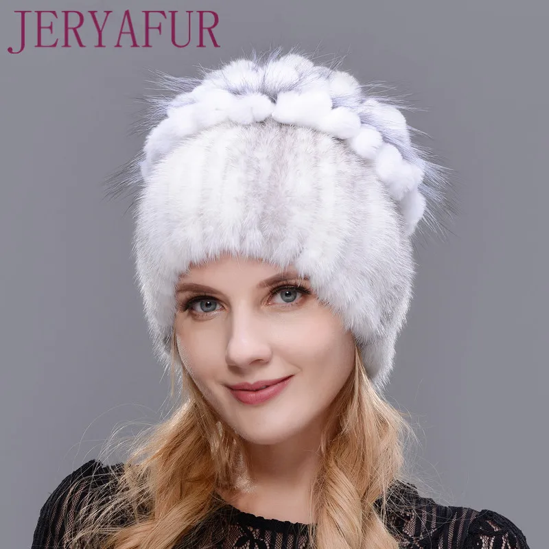 JERYAFUR Winter Natural Mink Fur Hat for Women Rabbit Fur Petal on The Top Mix with Fox Fur Warm and Fashion Warm Ear Cap