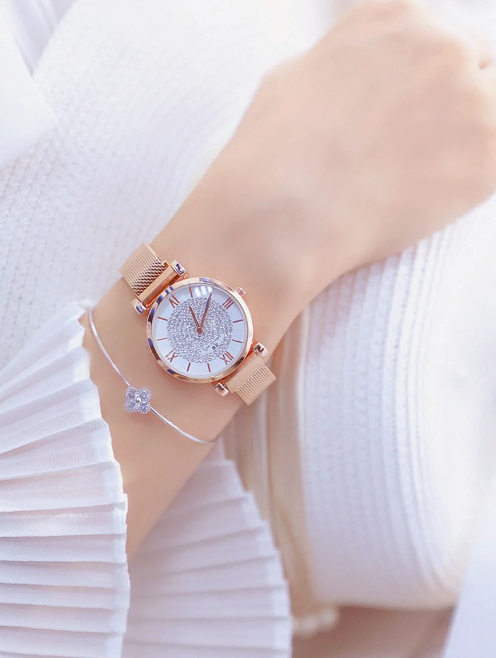 Montre de luxe en cristal pour femmes, bracelet en maille d'acier, à Quartz, avec Date, à la mode