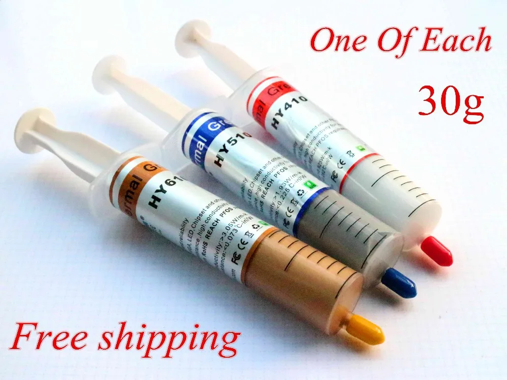 

Free shipping 30g Thermal Grease Heatsink Compound Paste For CPU GPU VGA HY410 White / HY510 Gray / HY610 Gold One of each