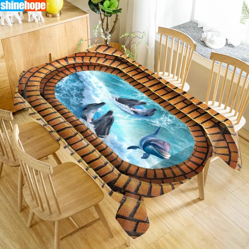 Underwater World 3D Tablecloth Dolphins Shark Christmas Animals Beach Washable Cloth Thicken Rectangular Wedding Table Cloth