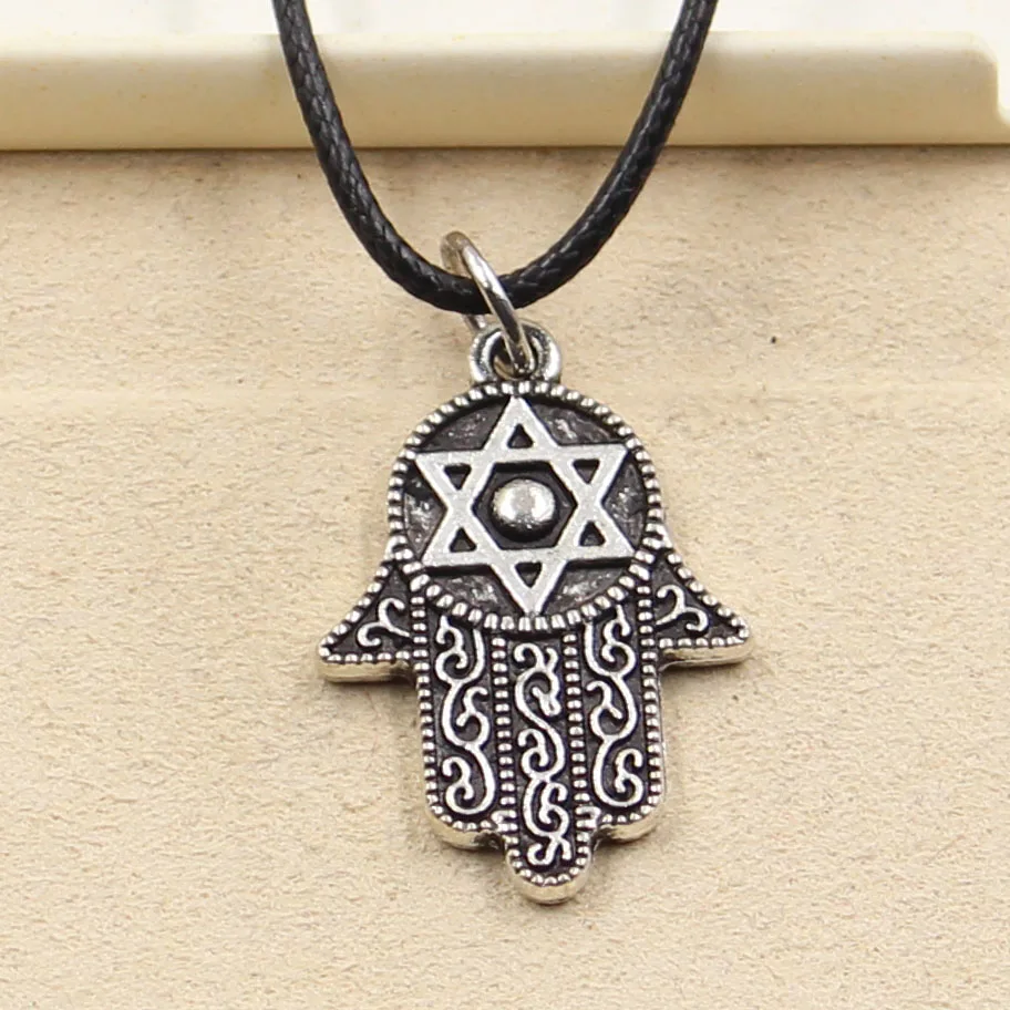 New Fashion Tibetan Silver Color Pendant Hamsa Hand Necklace Choker Charm Black Leather Cord Factory Price Handmade Jewelry