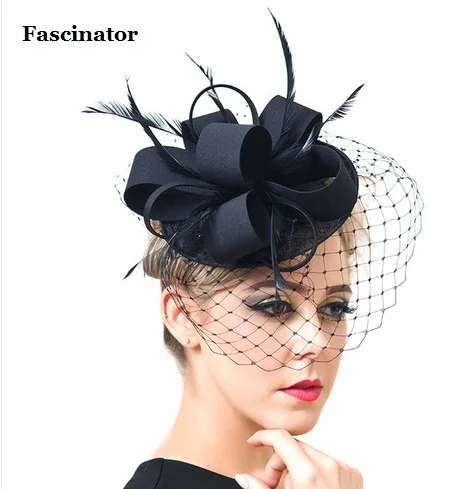 

Black Ivory Round Sinamay Fascinator Feather Hats Birdcage Veil Fascinators Flower Hairclip Church Cocktail Party Bride Hats