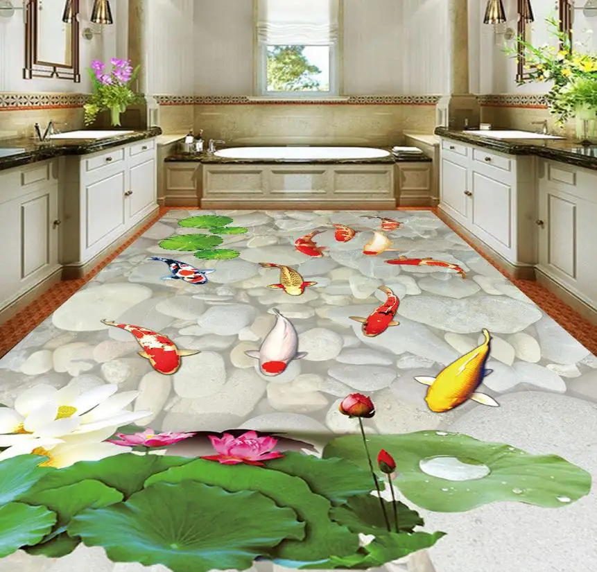 

3d floor painting wallpaper Lotus carp bathroom floor living room 3D floor wallpaper 3d for bathrooms