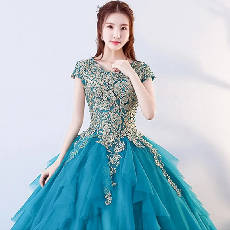 Abiti da Quinceanera lunghi di lusso "shen con maniche corte In Stock Appliques In rilievo abiti da ballo debuttanti abiti Anos 2020