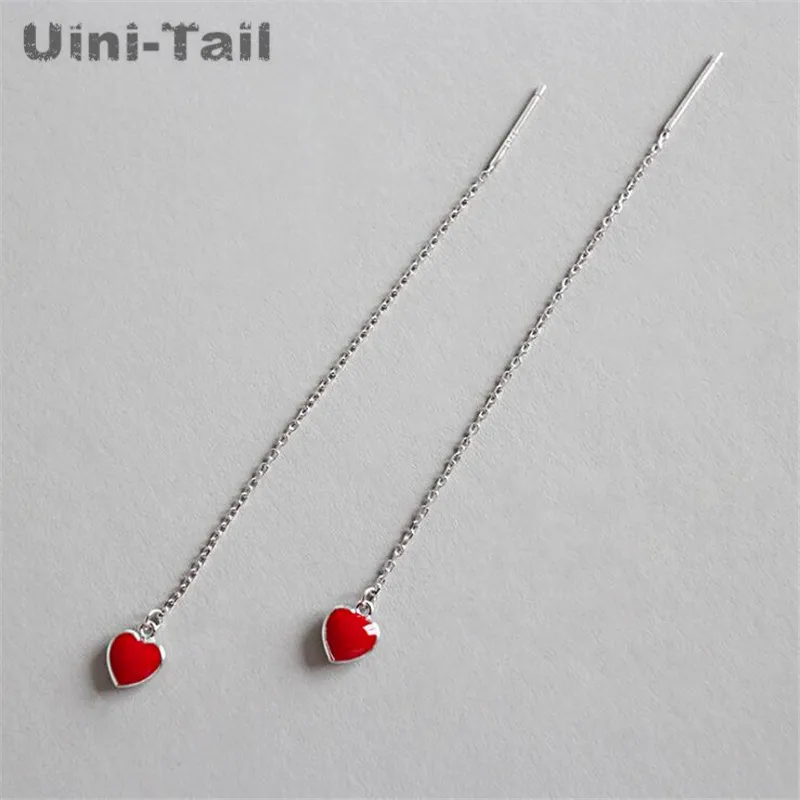 Hot 925 Tibetan Silver red heart ear line Korean tassel earrings long temperament personality simple wild heart-shaped earrings